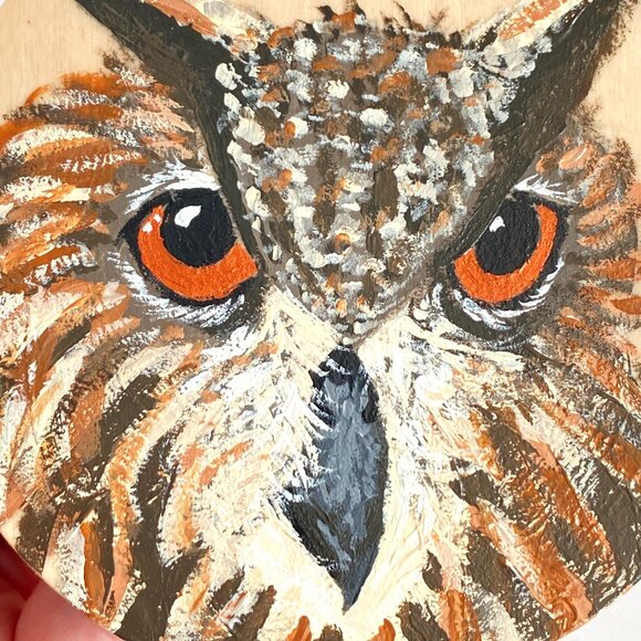 Owl Original Acrylic Bird Painting on Wood Round 4in Desk or Wall Art - Picture 2 of 6